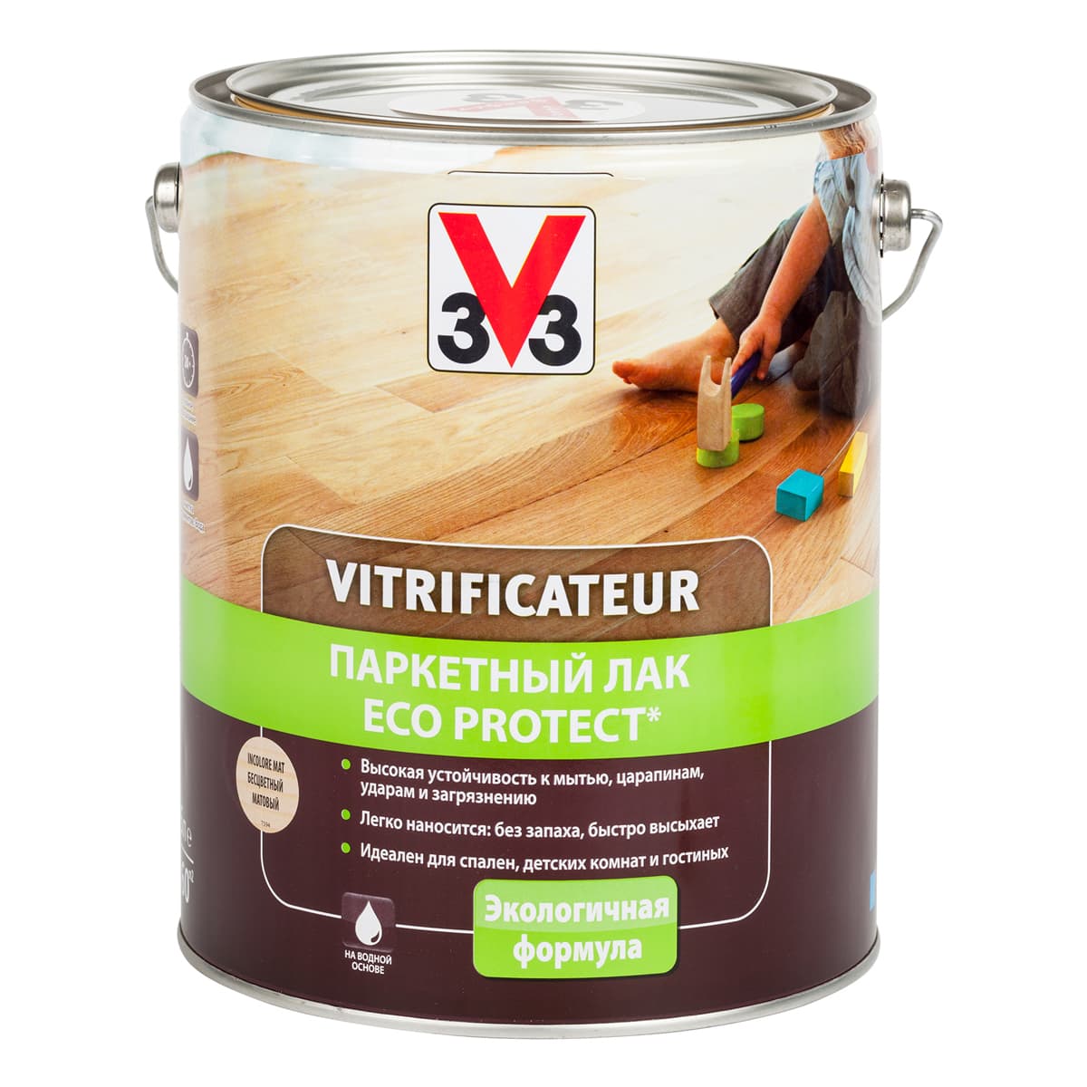 Лак паркетный V33 "Eco Protect", матовый, цвет: бесцветный, 5 л