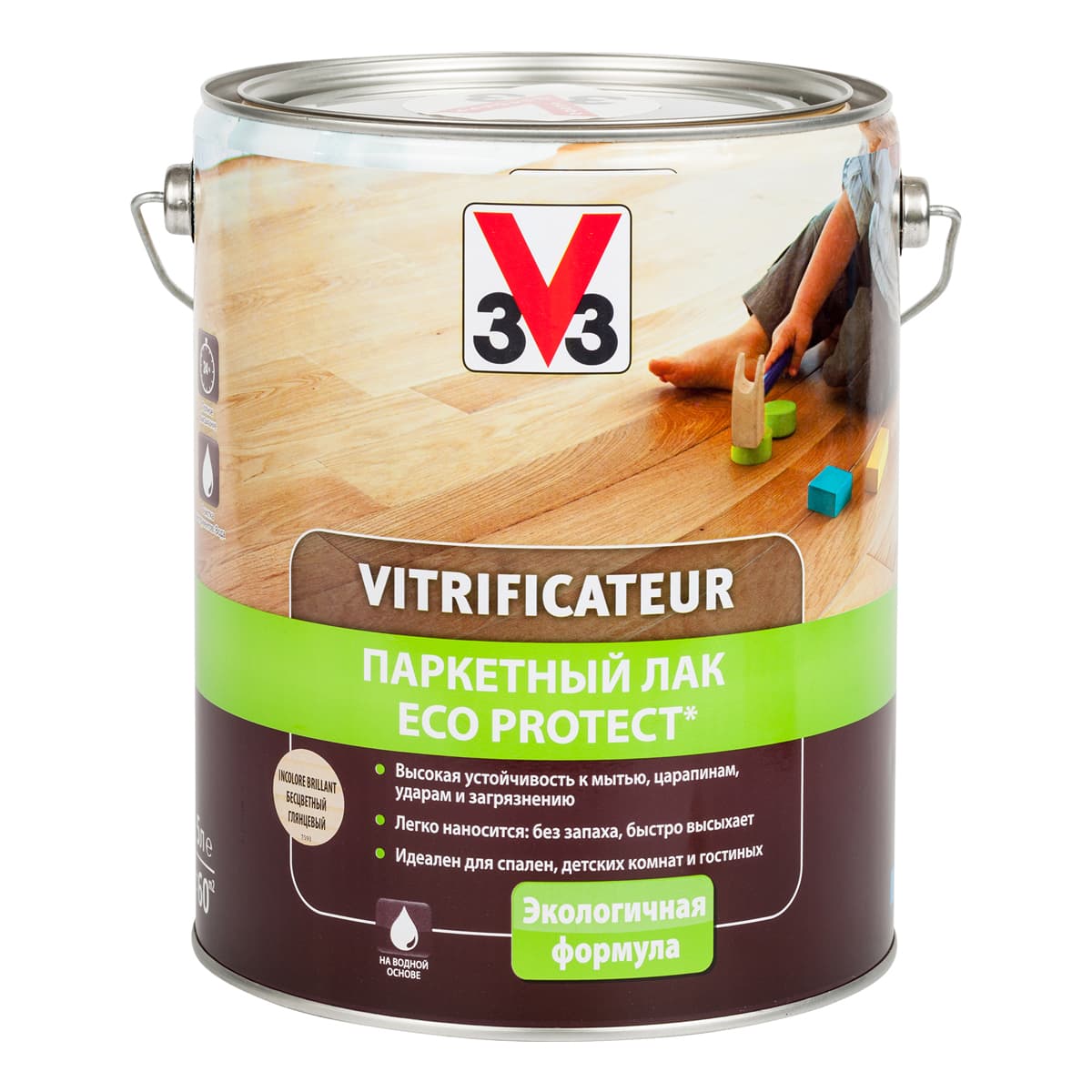 Лак паркетный V33 "Eco Protect", глянцевый, цвет: бесцветный, 5 л