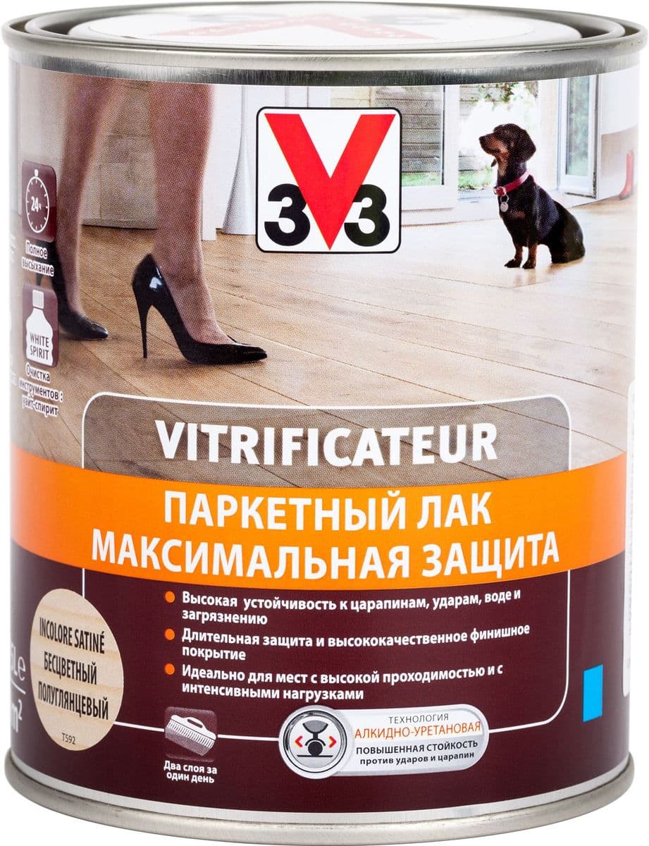 Лак паркетный V33 "Максимальная защита", цвет: прозрачный полуглянцевый, 0,75 л 1