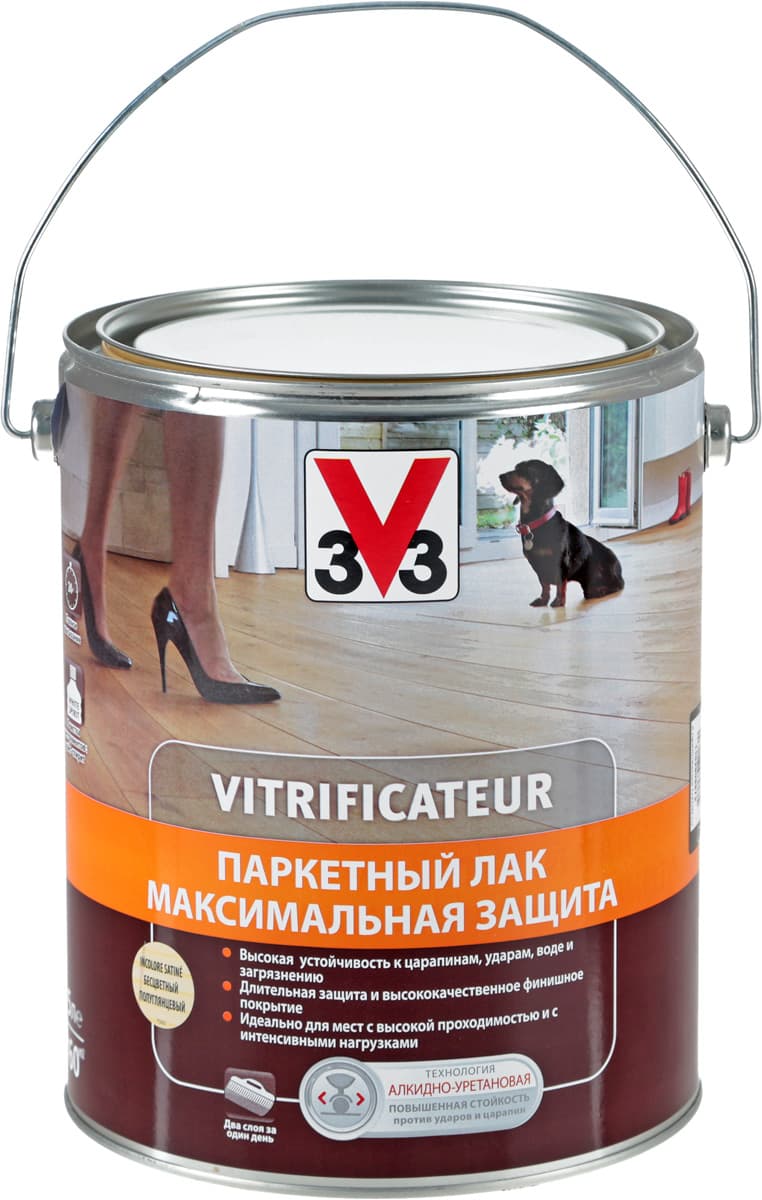 Лак алкидно-уретановый паркетный V33 "Максимальная защита", полуглянцевый, цвет: прозрачный, 5 л