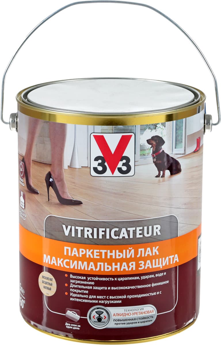 Лак алкидно-уретановый паркетный V33 "Максимальная защита", матовый, цвет: прозрачный, 5 л
