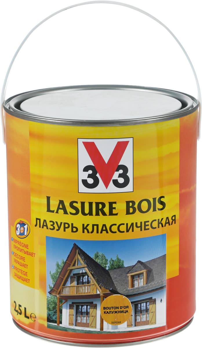 Лазурь для защиты древесины V33 "Классическая", декоративная, цвет: калужница, 2,5 л
