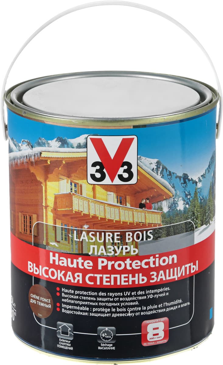 Лазурь для защиты древесины V33 "Высокая степень защиты", декоративная, цвет: дуб темный, 2,5 л