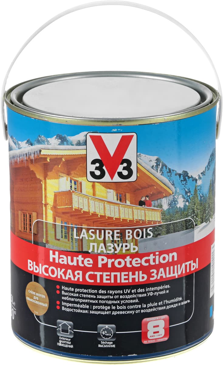 Лазурь для защиты древесины V33 "Высокая степень защиты", декоративная, цвет: дуб средний, 2,5 л