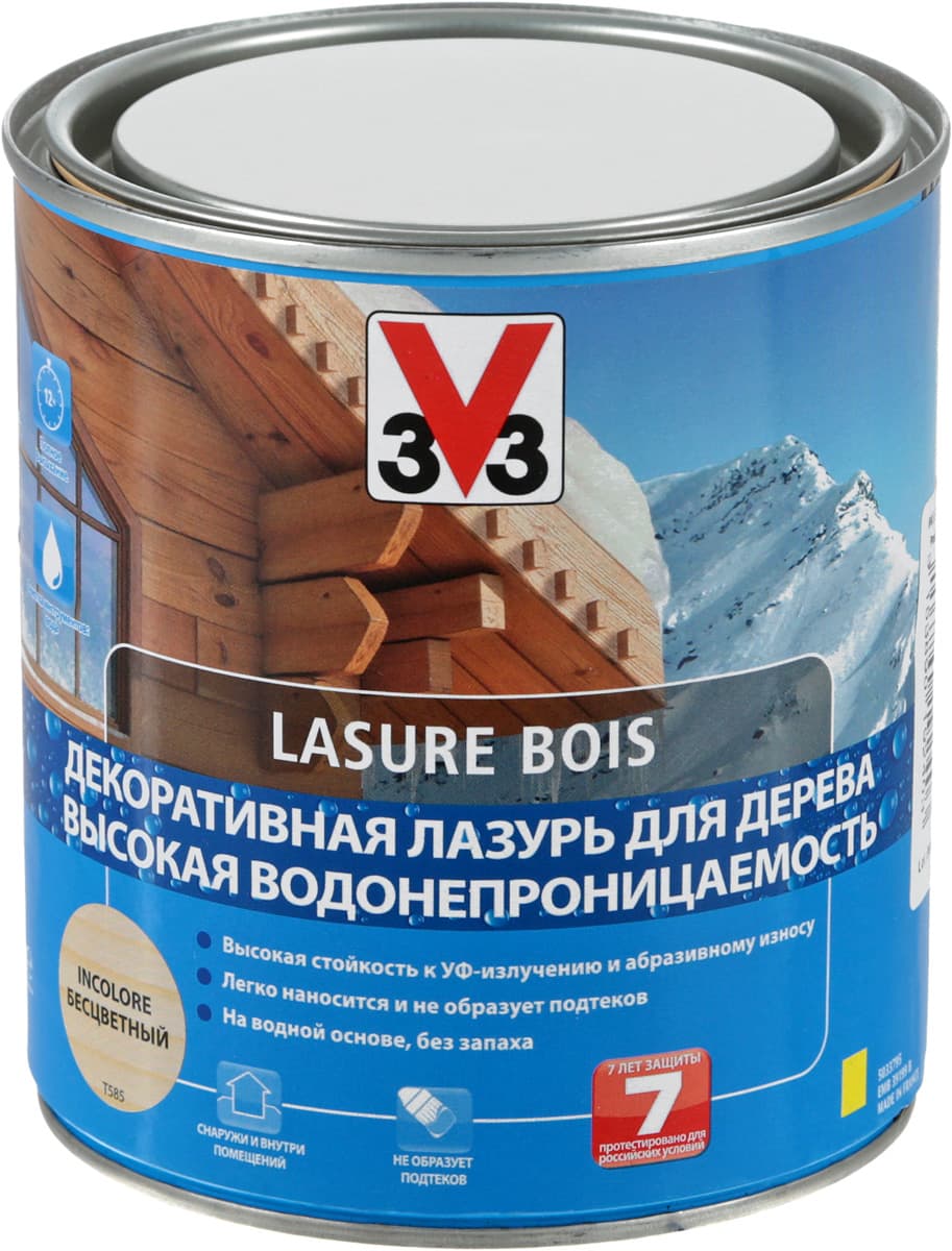 Лазурь для дерева V33 "Высокая водонепроницаемость", декоративная, на водной основе, цвет: прозрачный, 0,75 л