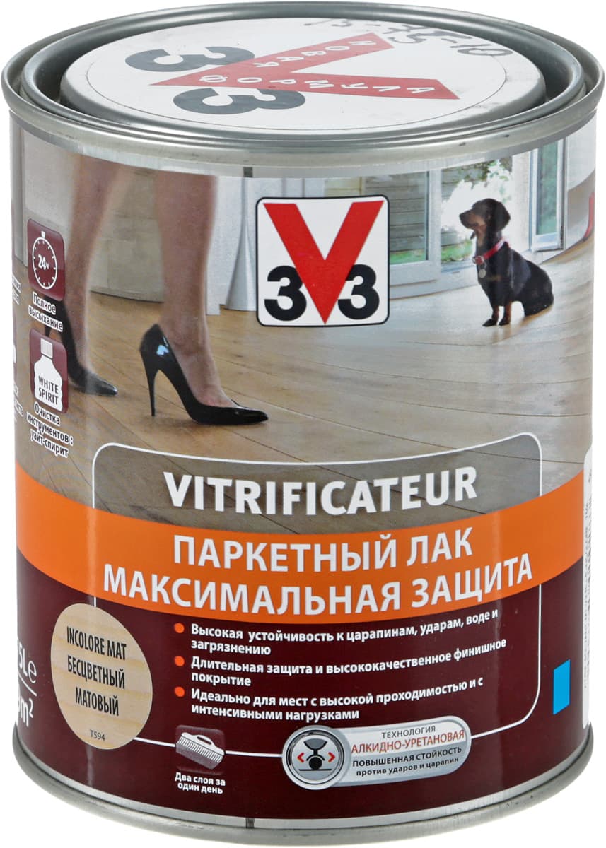 Лак паркетный V33 "Максимальная защита", цвет: прозрачный матовый, 0,75 л