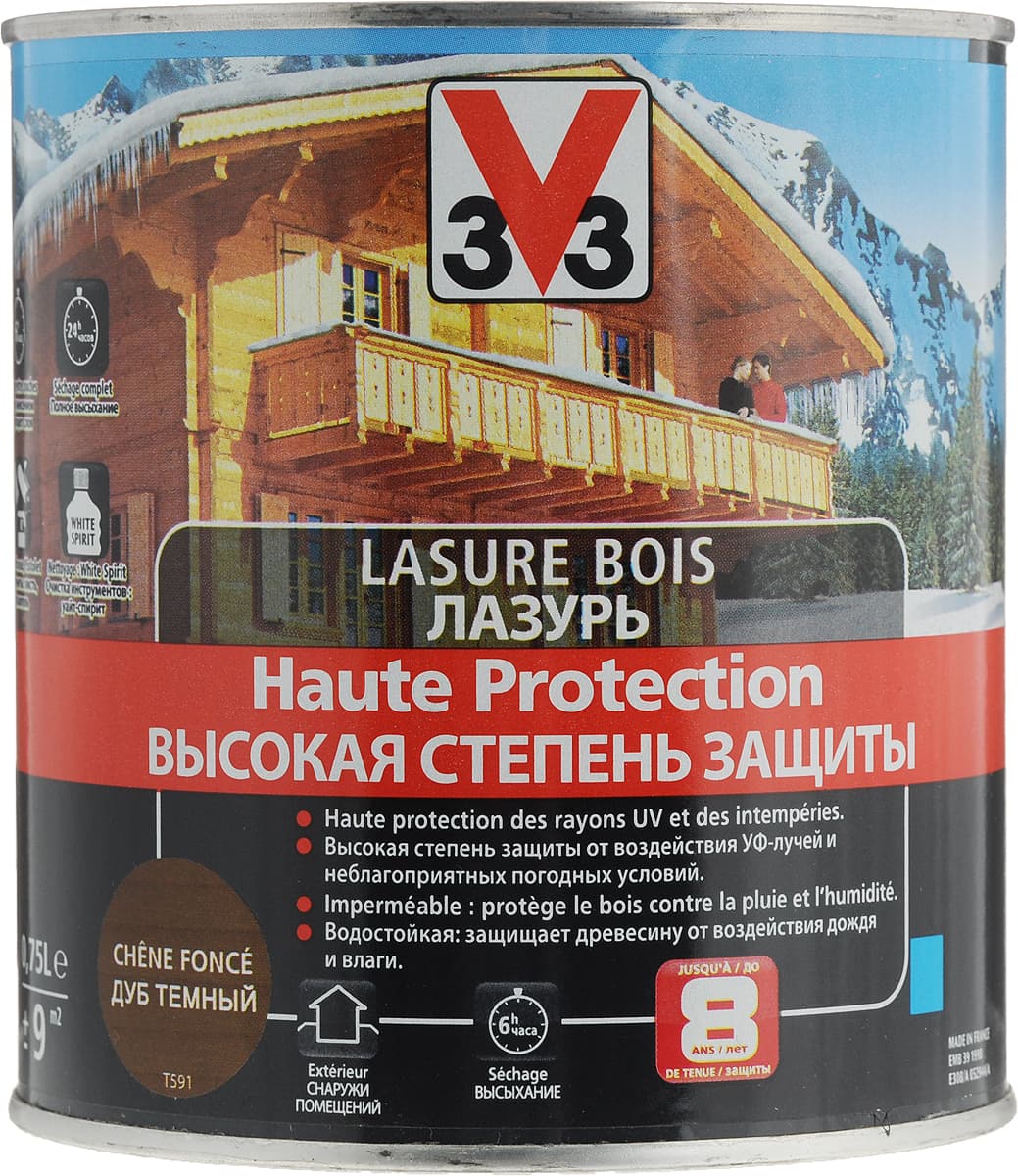 Лазурь для защиты древесины V33 "Высокая степень защиты", декоративная, цвет: дуб темный, 0,75 л