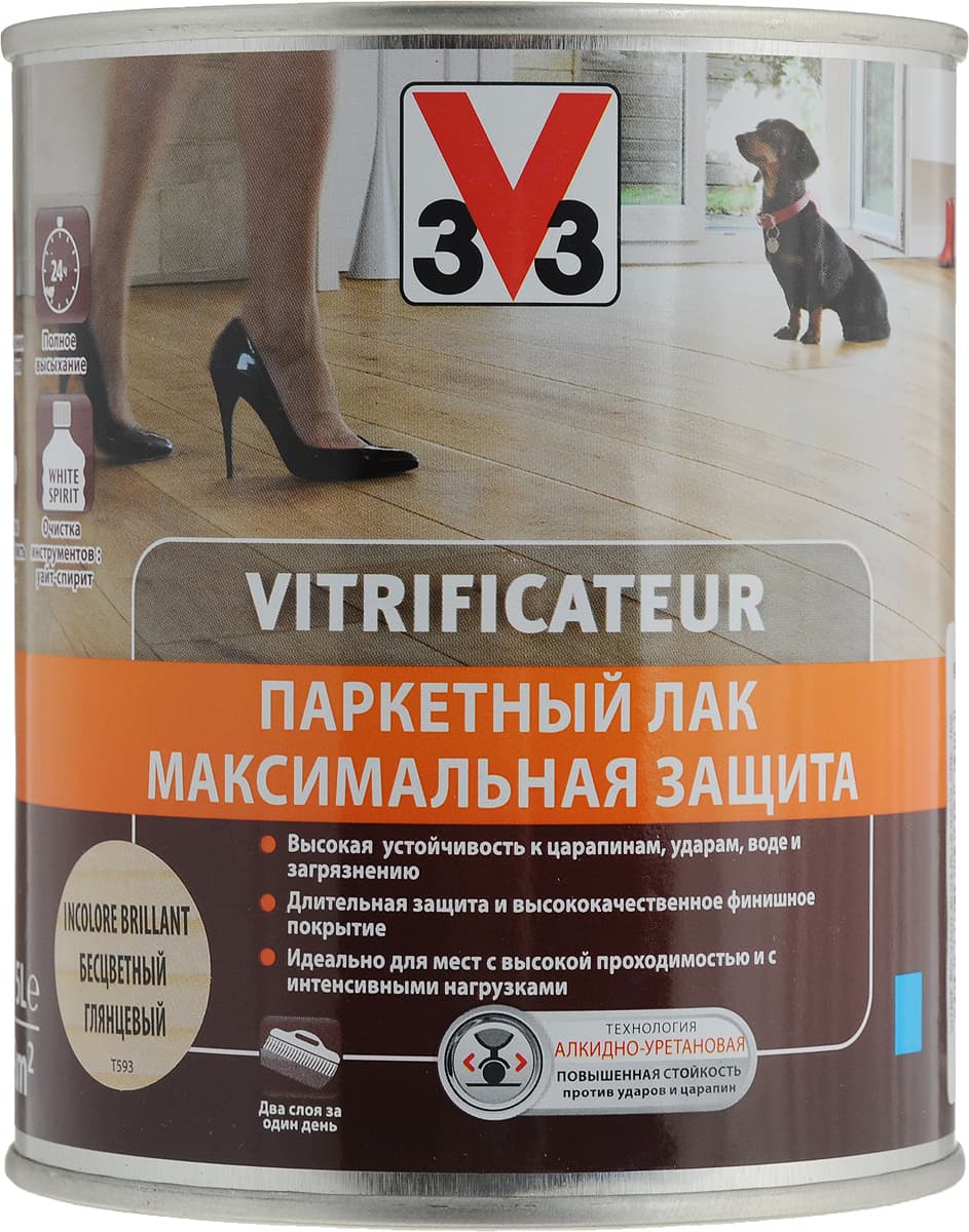 Лак паркетный V33 "Максимальная защита", цвет: прозрачный глянцевый, 0,75 л