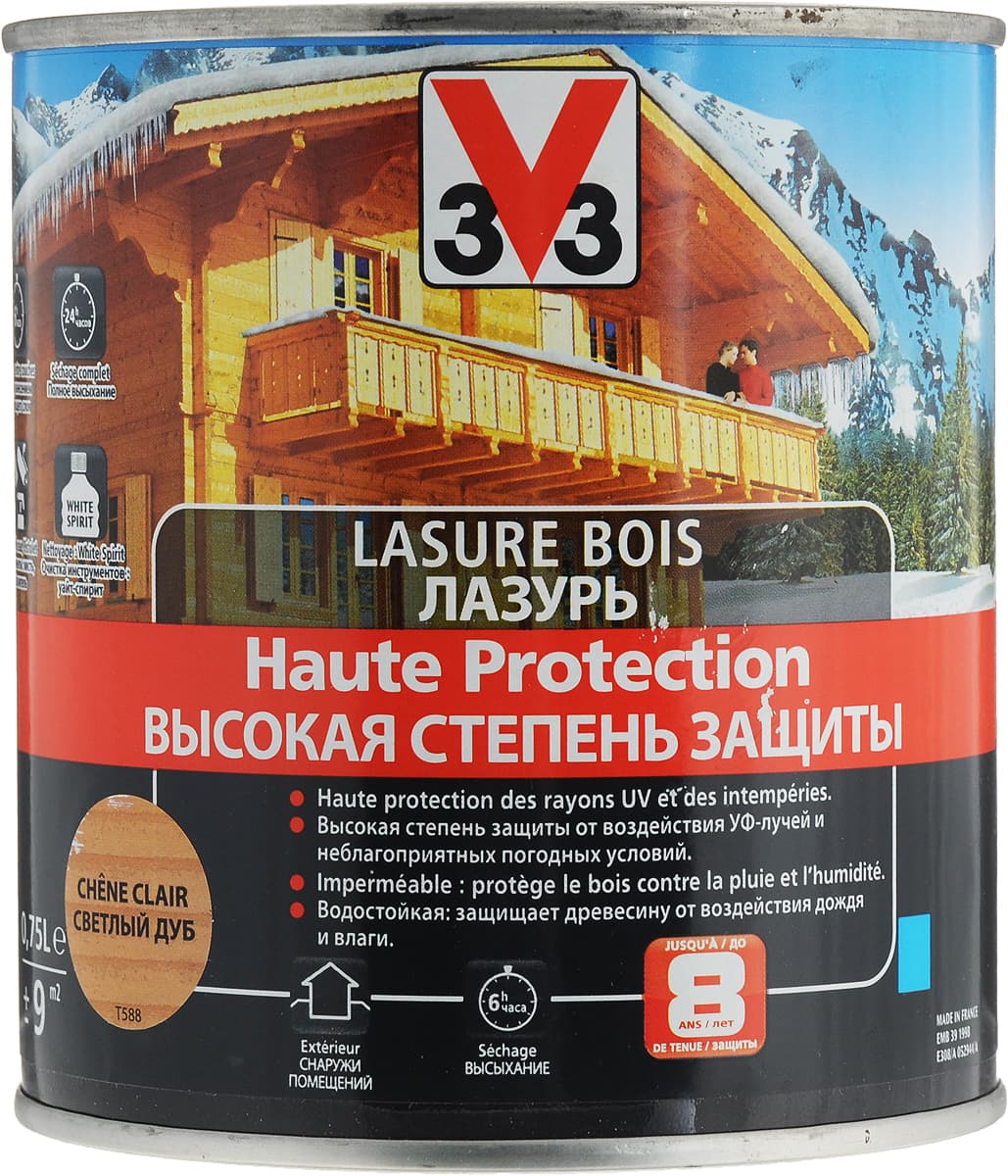 Лазурь для защиты древесины V33 "Высокая степень защиты", декоративная, цвет: дуб светлый, 0,75 л