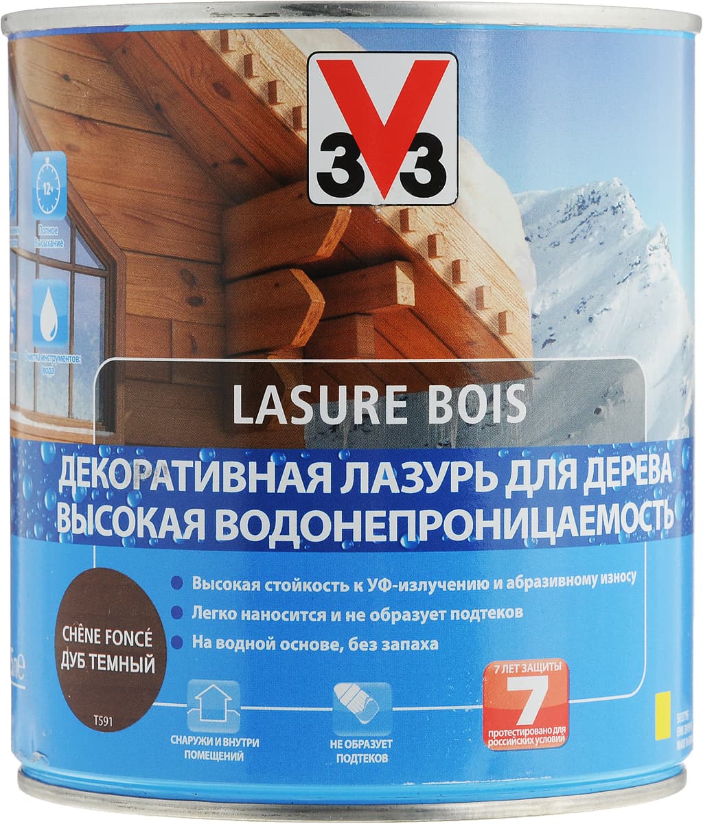 Лазурь для дерева V33 "Высокая водонепроницаемость", декоративная, на водной основе, цвет: дуб темный, 0,75 л