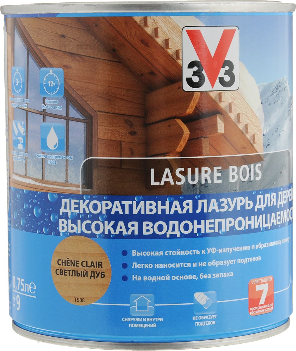 Лазурь для дерева V33 "Высокая водонепроницаемость", декоративная, на водной основе, цвет: дуб светлый, 0,75 л