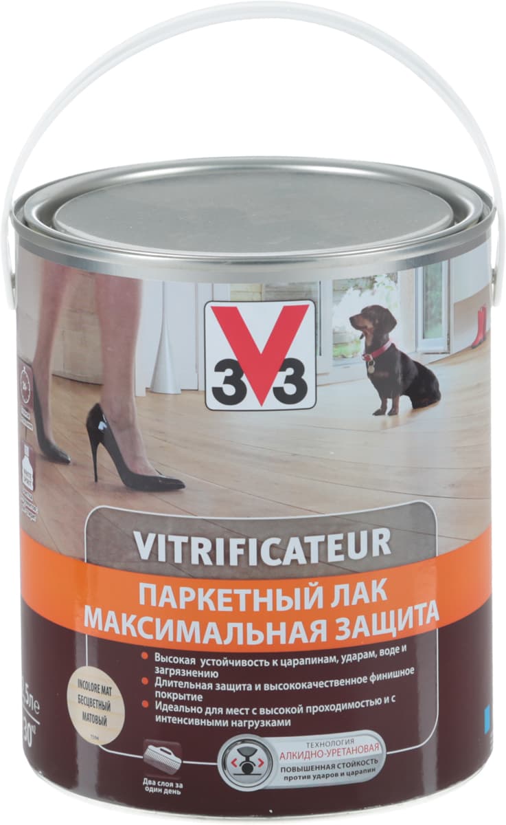 Лак паркетный V33 "Максимальная защита", цвет: прозрачный матовый, 2,5 л 1