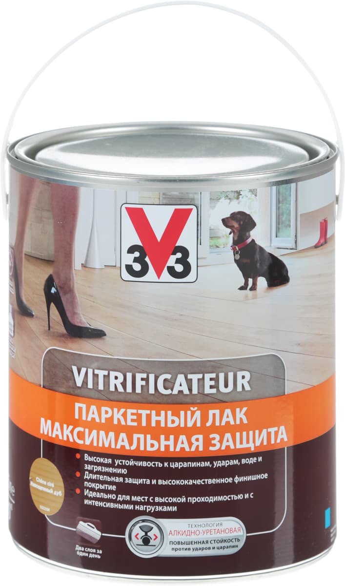 Лак паркетный V33 "Максимальная защита", цвет: дуб прозрачный полуглянцевый, 2,5 л