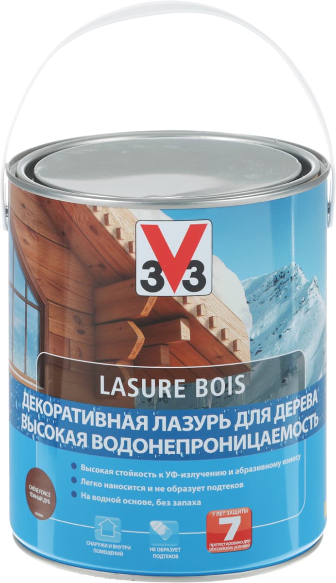 Лазурь для дерева V33 "Высокая водонепроницаемость", декоративная, на водной основе, цвет: дуб темный, 2,5 л