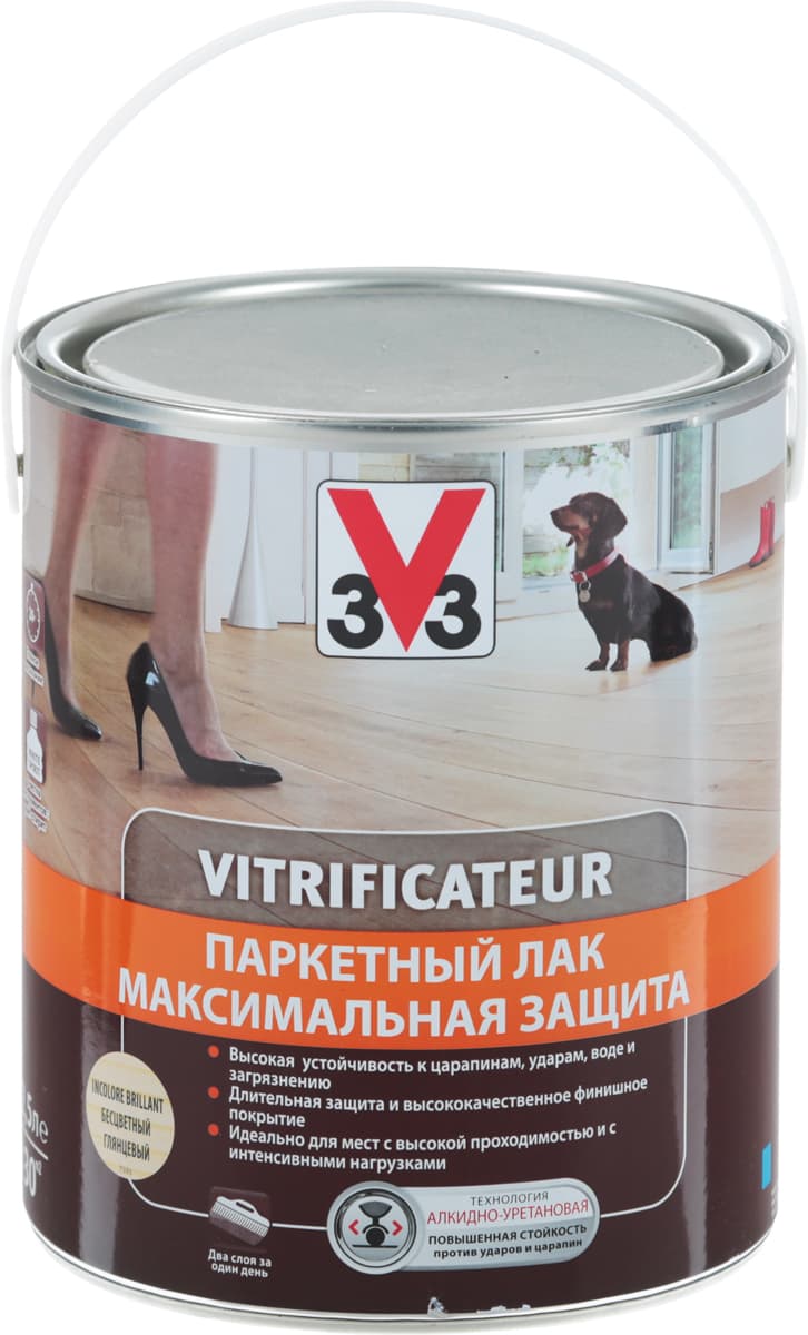 Лак паркетный V33 "Максимальная защита", цвет: прозрачный глянцевый, 2,5 л 1
