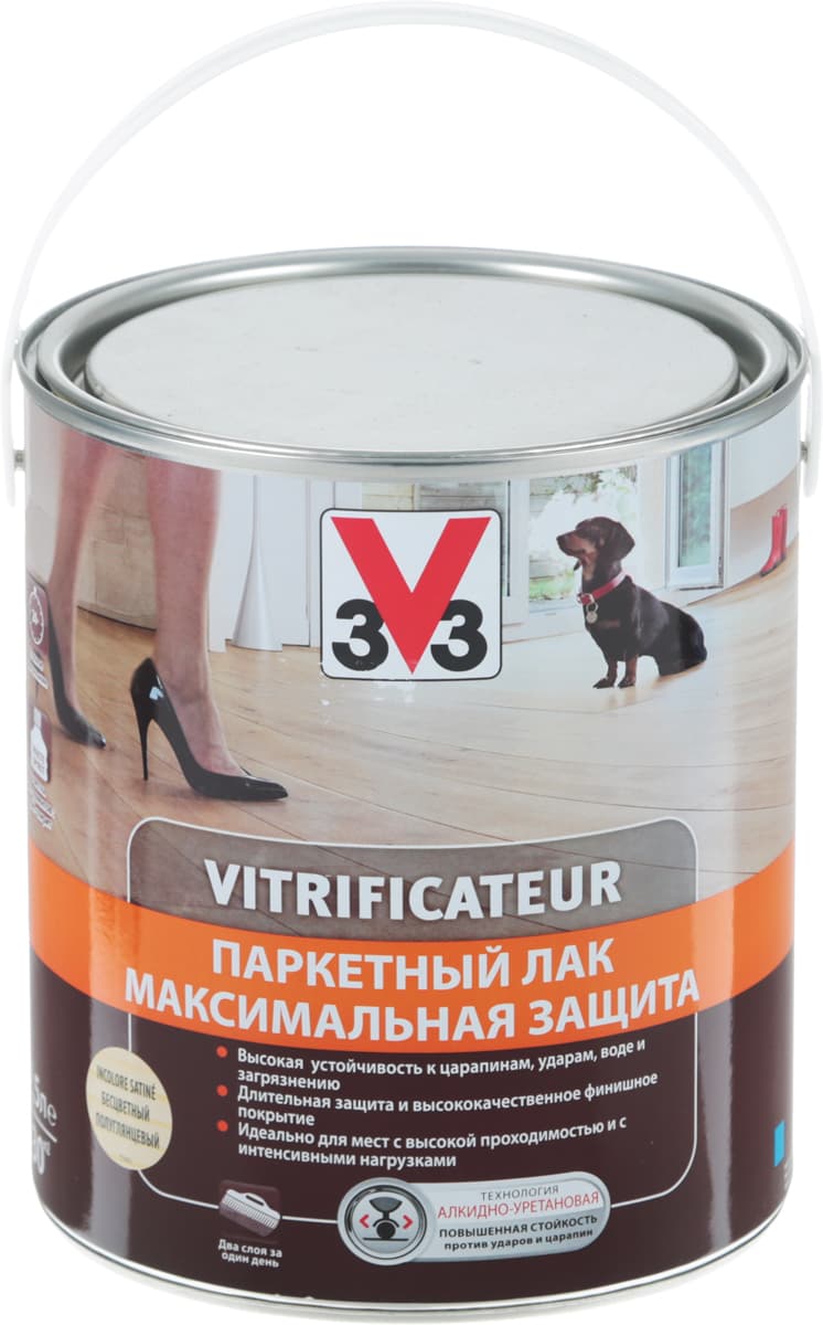 Лак алкидно-уретановый паркетный V33 "Максимальная защита", полуглянцевый, цвет: прозрачный, 2,5 л