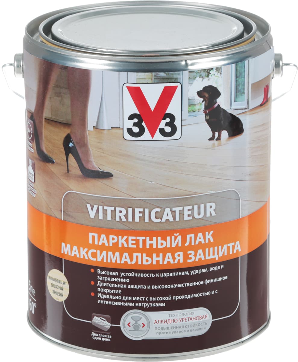 Лак паркетный V33 "Максимальная защита", цвет: прозрачный глянцевый, 5 л 1