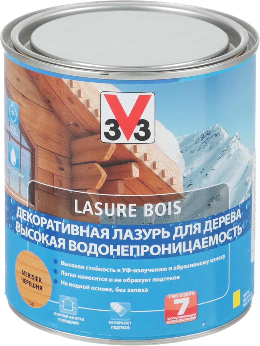 Лазурь для дерева V33 "Высокая водонепроницаемость", декоративная, на водной основе, цвет: вишня, 0,75 л