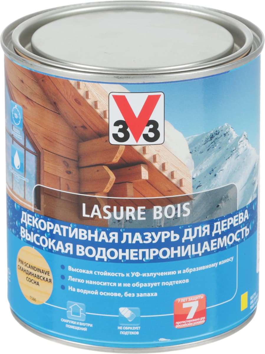 Лазурь для дерева V33 "Высокая водонепроницаемость", декоративная, на водной основе, цвет: сосна скандинавская, 0,75 л