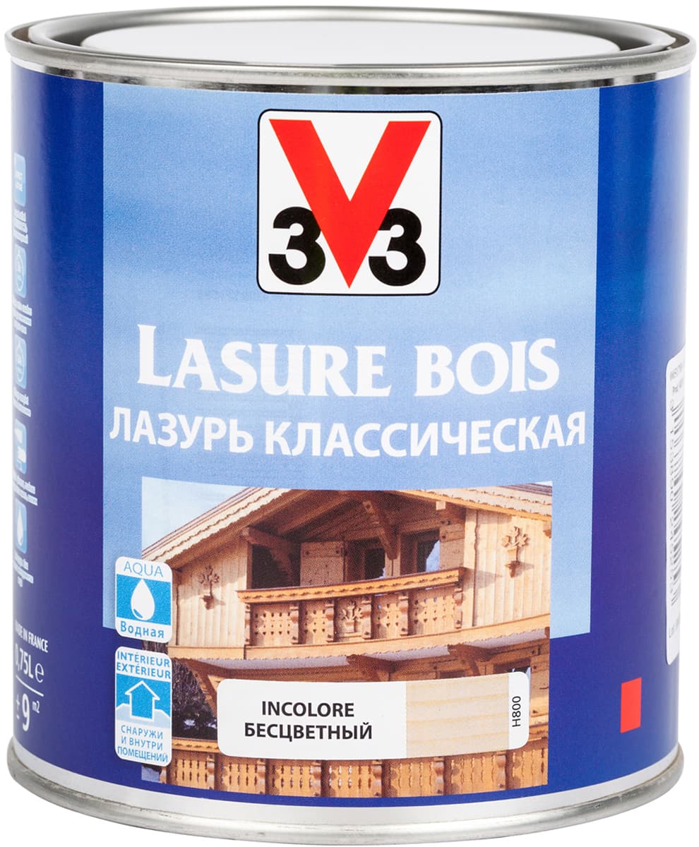 Лазурь для защиты древесины V33 "Классическая", цвет: бесцветный, на водной основе, 750 мл