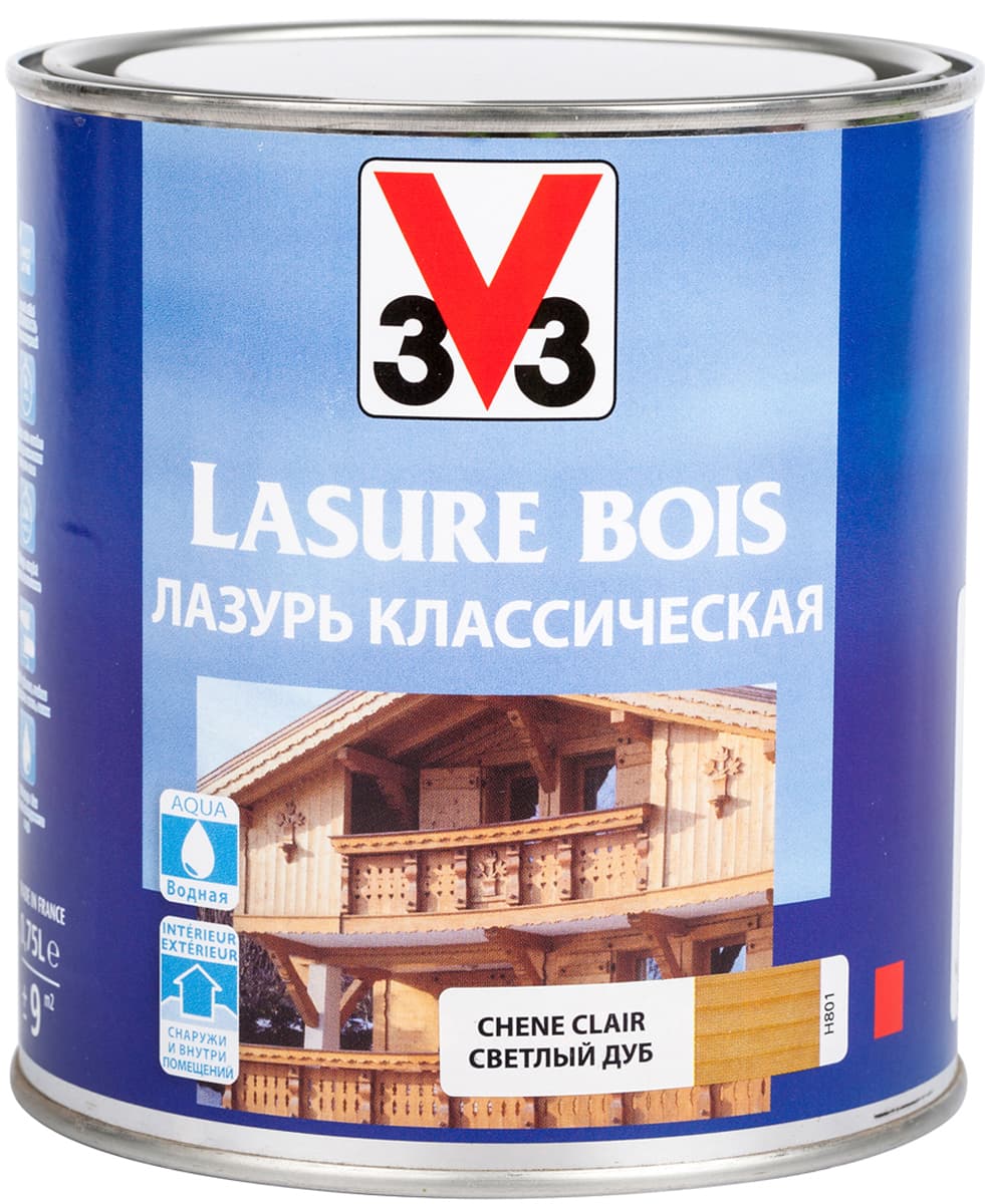 Лазурь для защиты древесины V33 "Классическая", цвет: дуб светлый, на водной основе, 750 мл