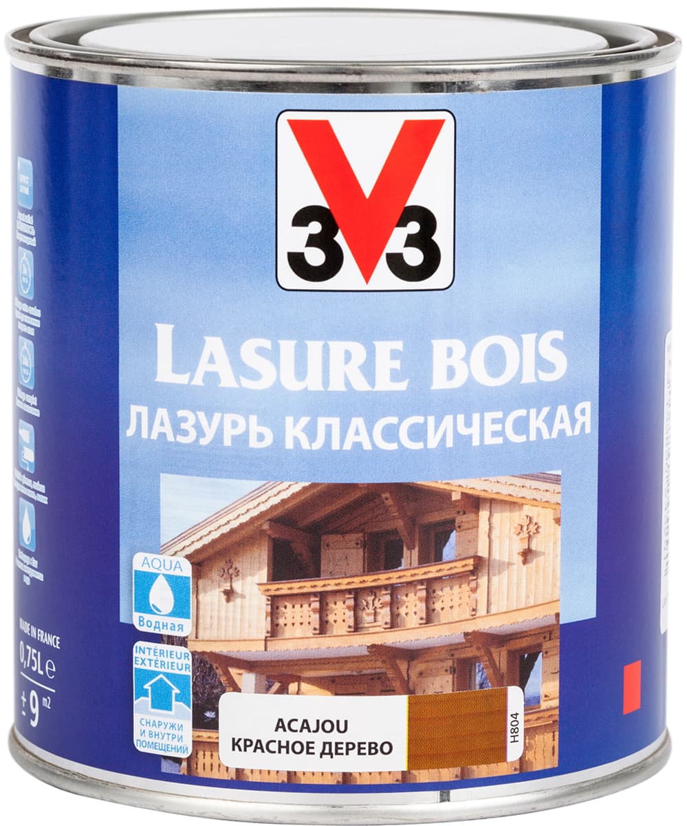 Лазурь для защиты древесины V33 "Классическая", цвет: красное дерево, на водной основе, 750 мл