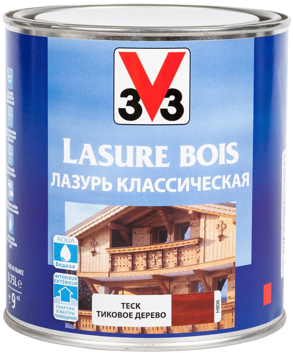 Лазурь для защиты древесины V33 "Классическая", цвет: тиковое дерево, на водной основе, 750 мл