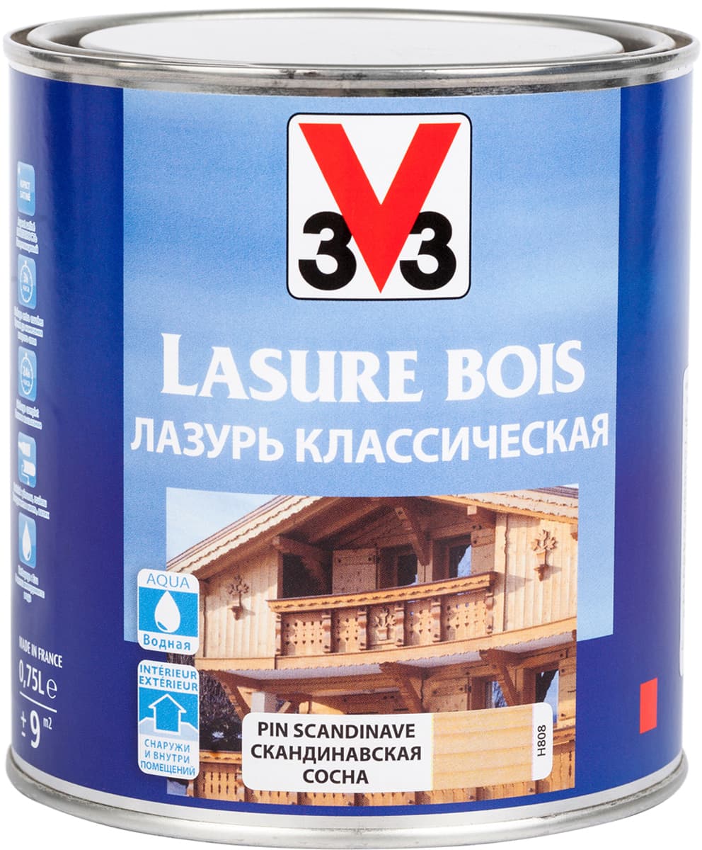 Лазурь для защиты древесины V33 "Классическая", цвет: скандинавская сосна, на водной основе, 750 мл
