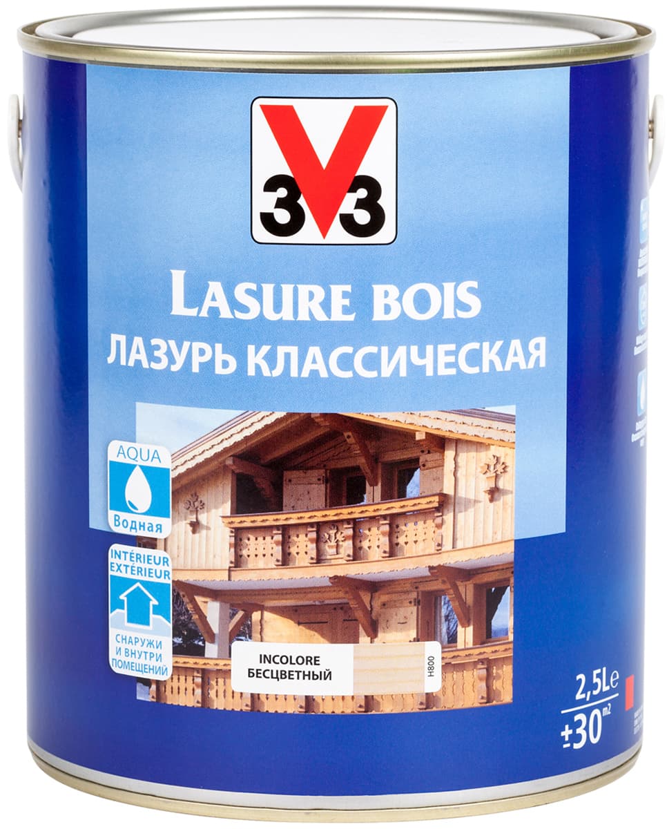 Лазурь для защиты древесины V33 "Классическая", цвет: бесцветный, на водной основе, 2,5 л