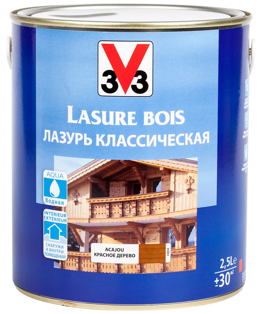 Лазурь для защиты древесины V33 "Классическая", цвет: красное дерево, на водной основе, 2,5 л 1