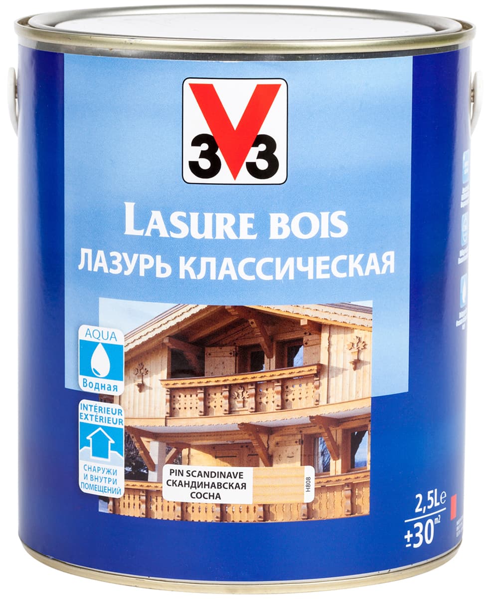 Лазурь для защиты древесины V33 "Классическая", цвет: скандинавская сосна, на водной основе, 2,5 л