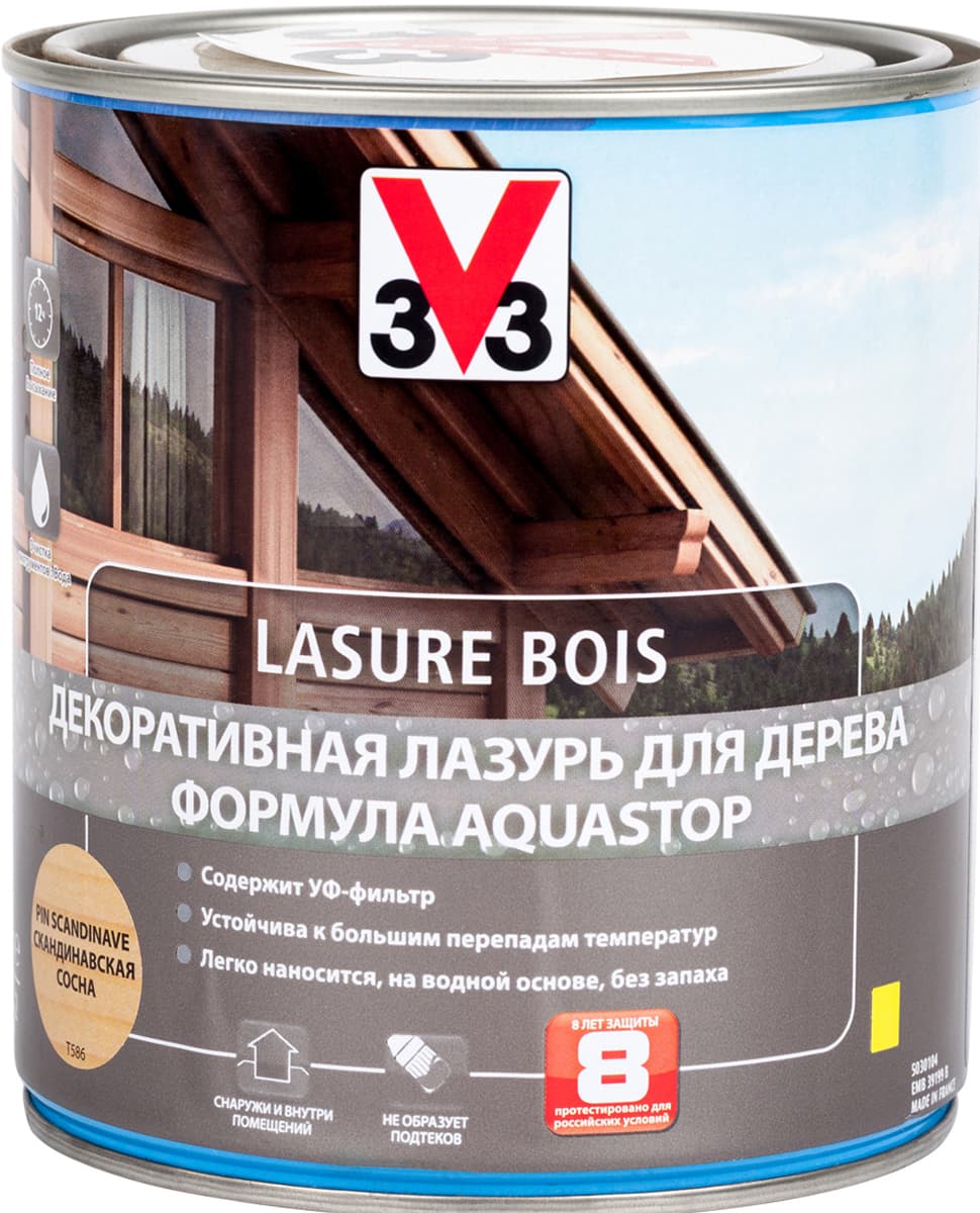 Лазурь для дерева декоративная V33 "Aquastop", цвет: скандинавская сосна, на водной основе, 750 мл