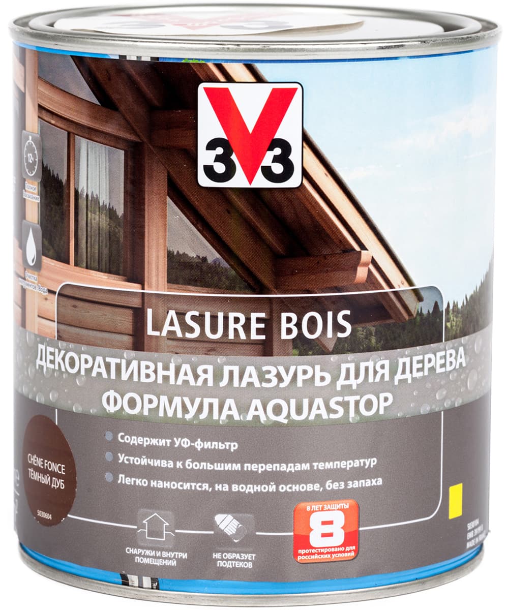 Лазурь для дерева декоративная V33 "Aquastop", цвет: дуб темный, на водной основе, 750 мл