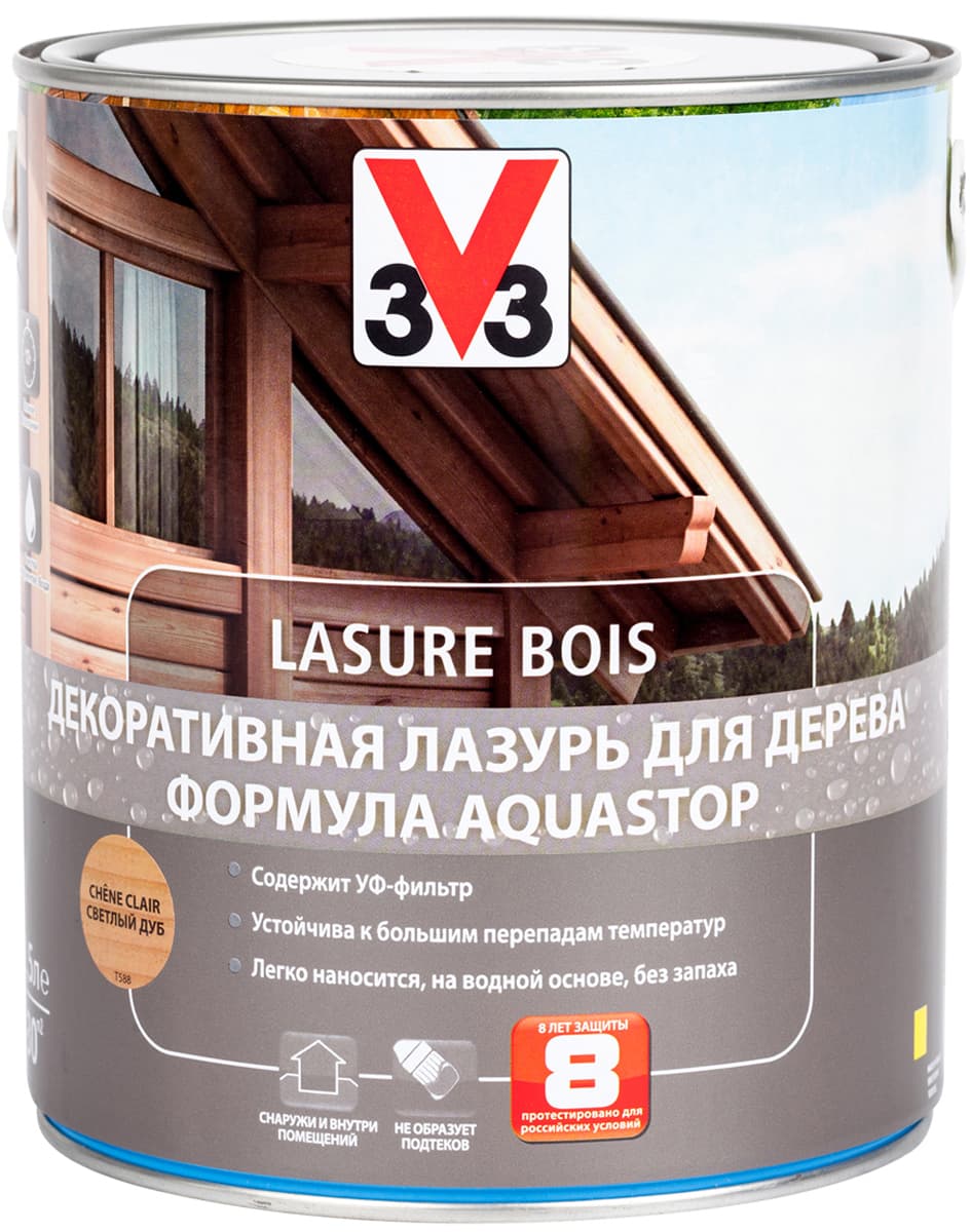 Лазурь для дерева декоративная V33 "Aquastop", цвет: дуб светлый, на водной основе, 2,5 л