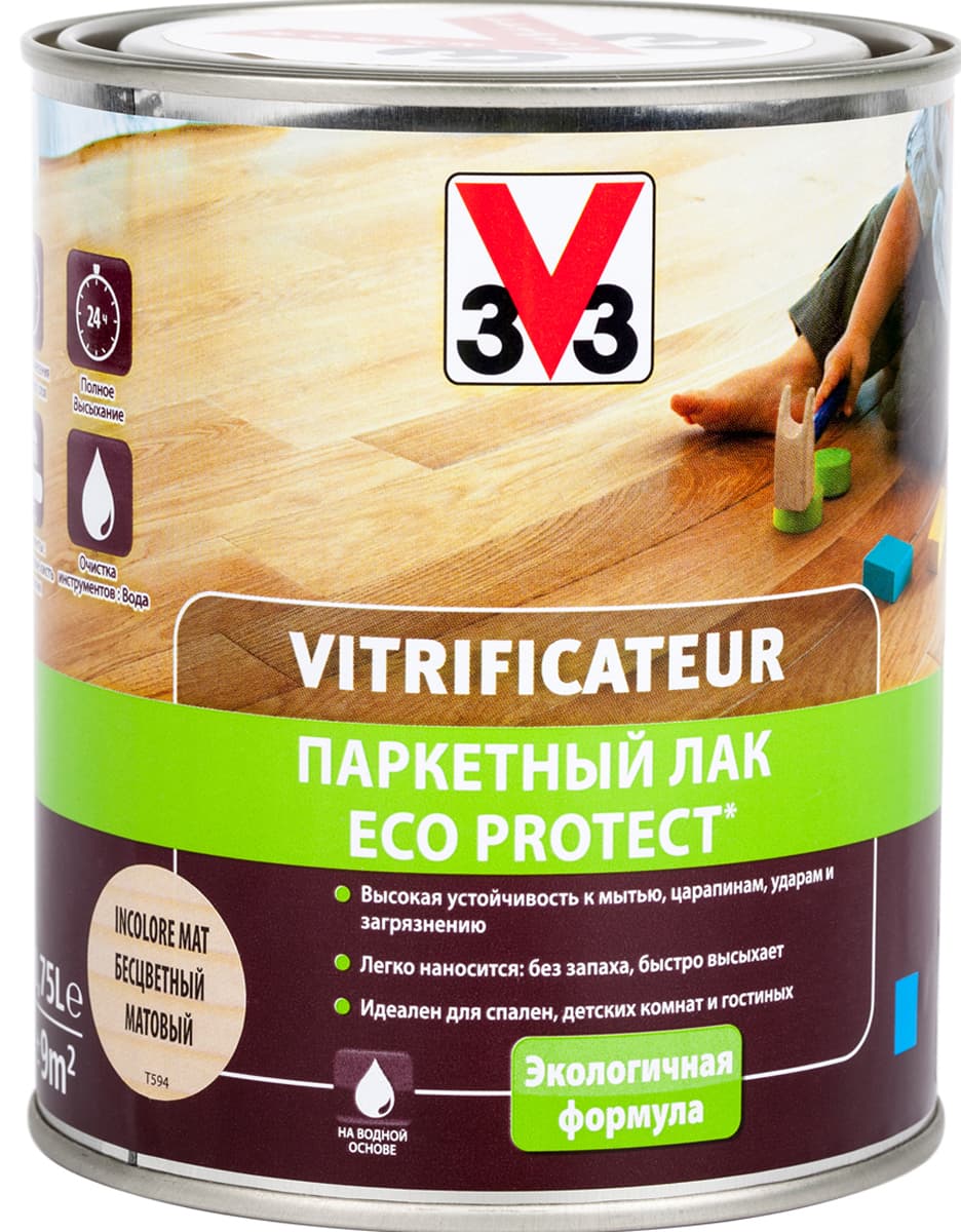 Лак паркетный V33 "Eco Protect", матовый, цвет: бесцветный, 750 мл