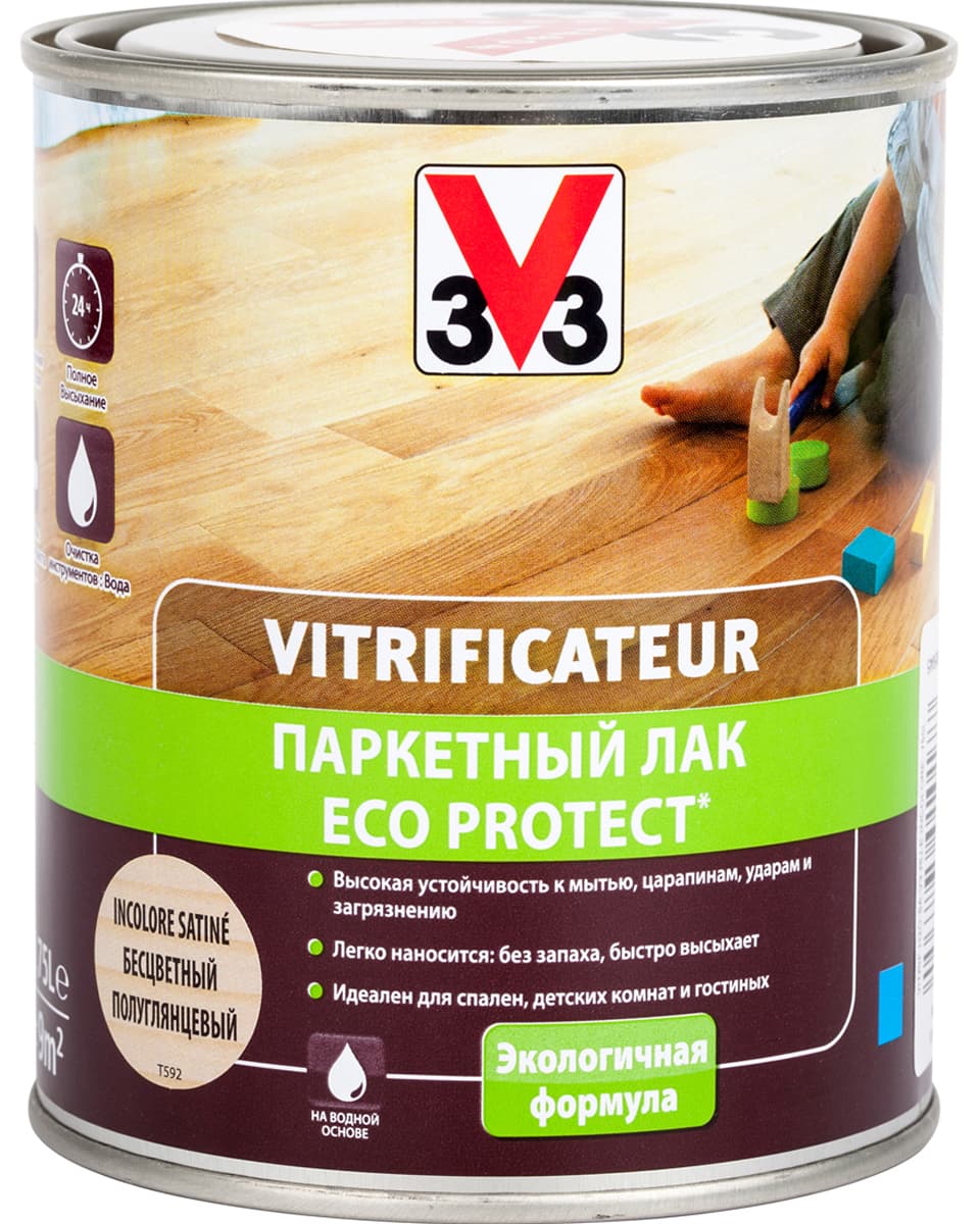 Лак паркетный V33 "Eco Protect", полуглянцевый, цвет: бесцветный, 750 мл