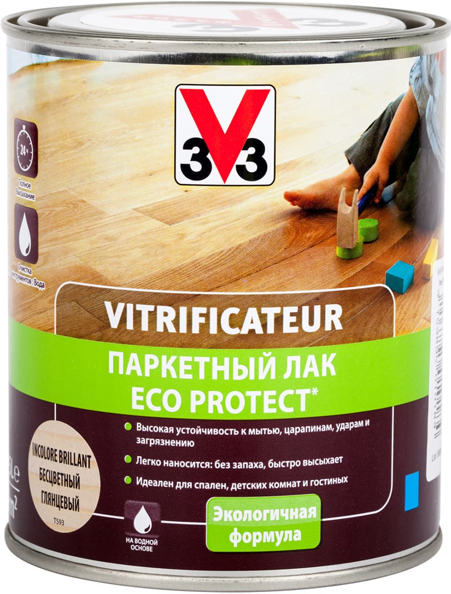 Лак паркетный V33 "Eco Protect", глянцевый, цвет: бесцветный, 750 мл