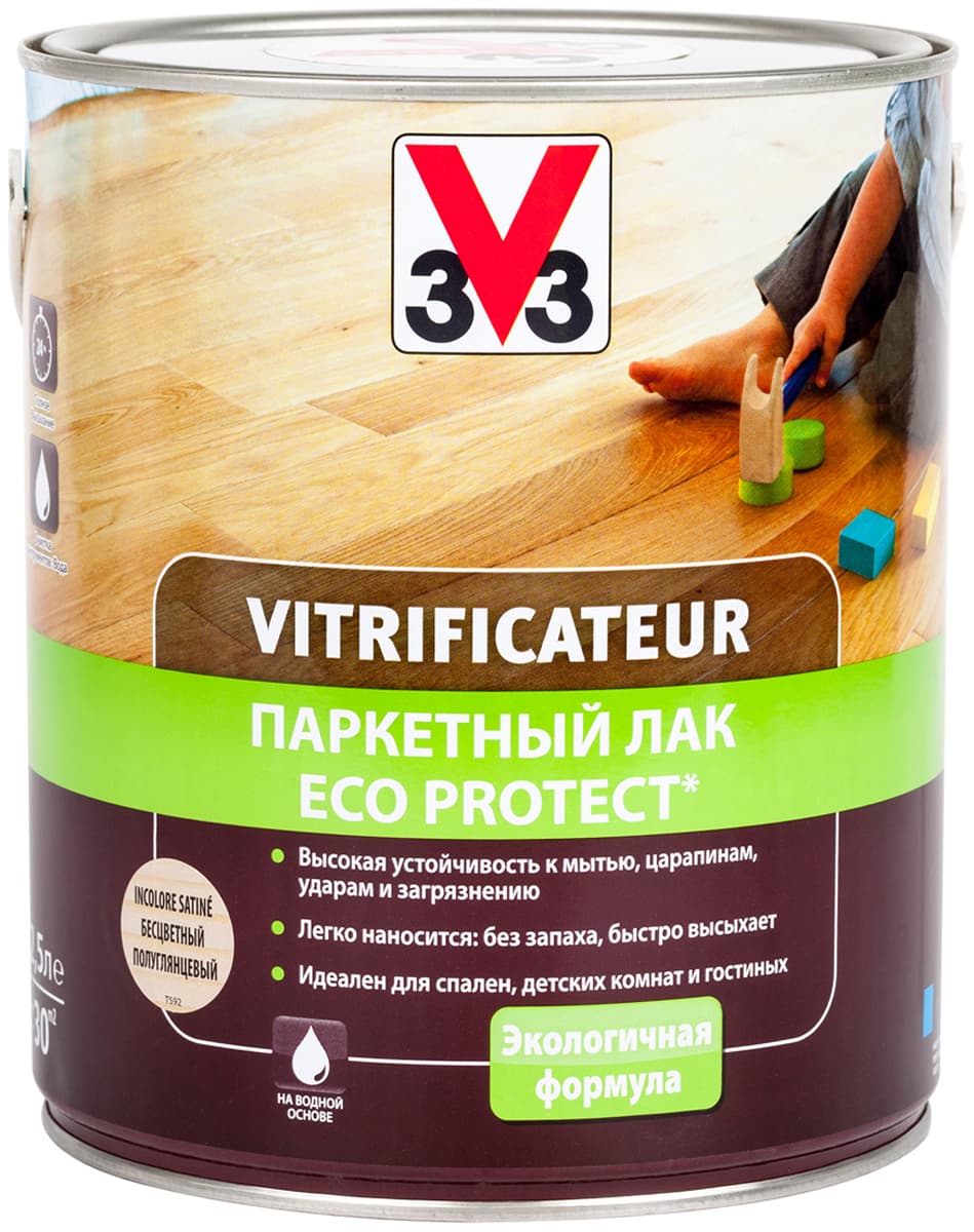 Лак паркетный V33 "Eco Protect", полуглянцевый, цвет: бесцветный, 2,5 л