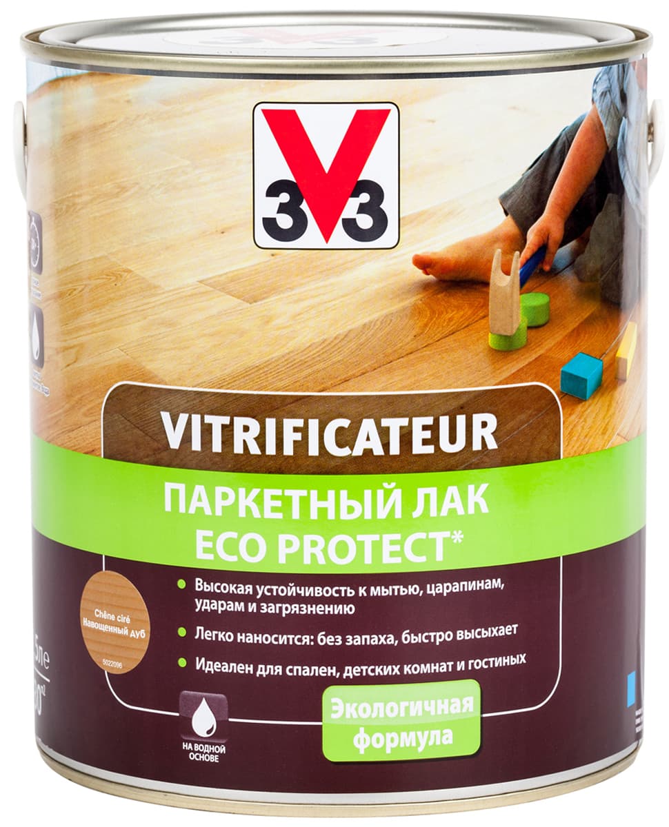 Лак паркетный V33 "Eco Protect", полуглянцевый, цвет: дуб, 2,5 л