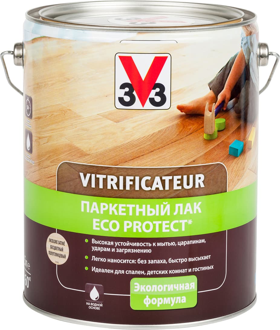 Лак паркетный V33 "Eco Protect", полуглянцевый, цвет: бесцветный, 5 л