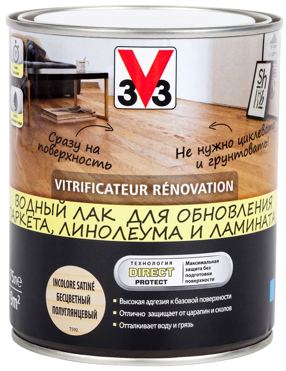 Лак для пола V33 "Renovation", полуглянцевый, на водной основе, цвет: бесцветный, 750 мл 1