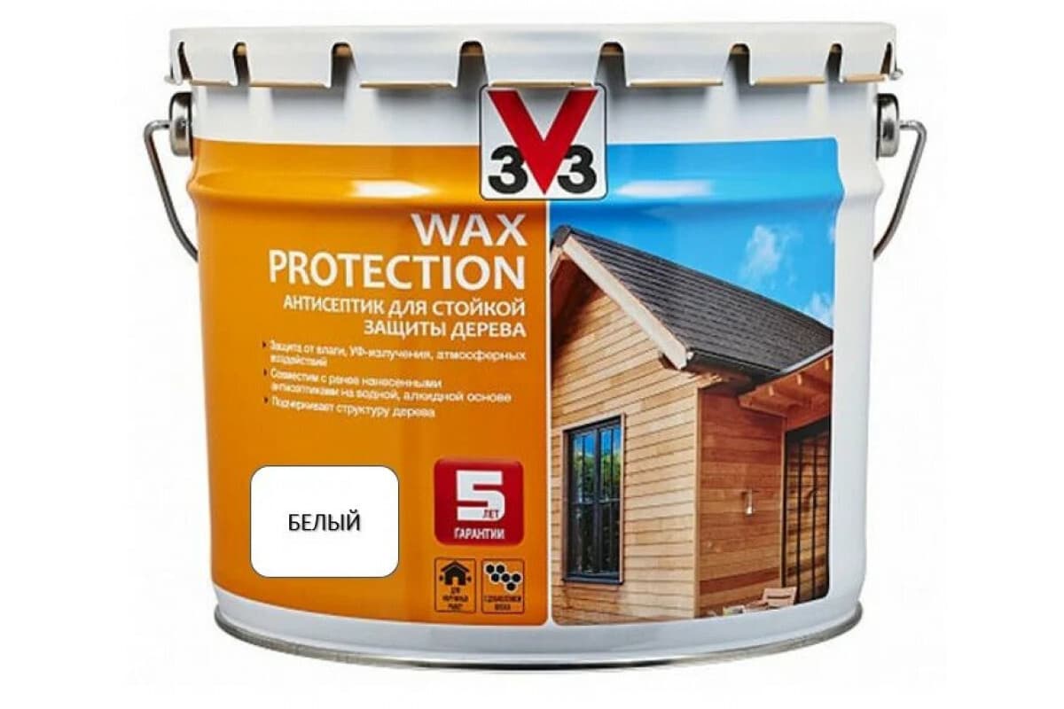 Антисептик для дерева V33 с добавлением воска WAX PROTECTION полуглянец Белый 9л 1