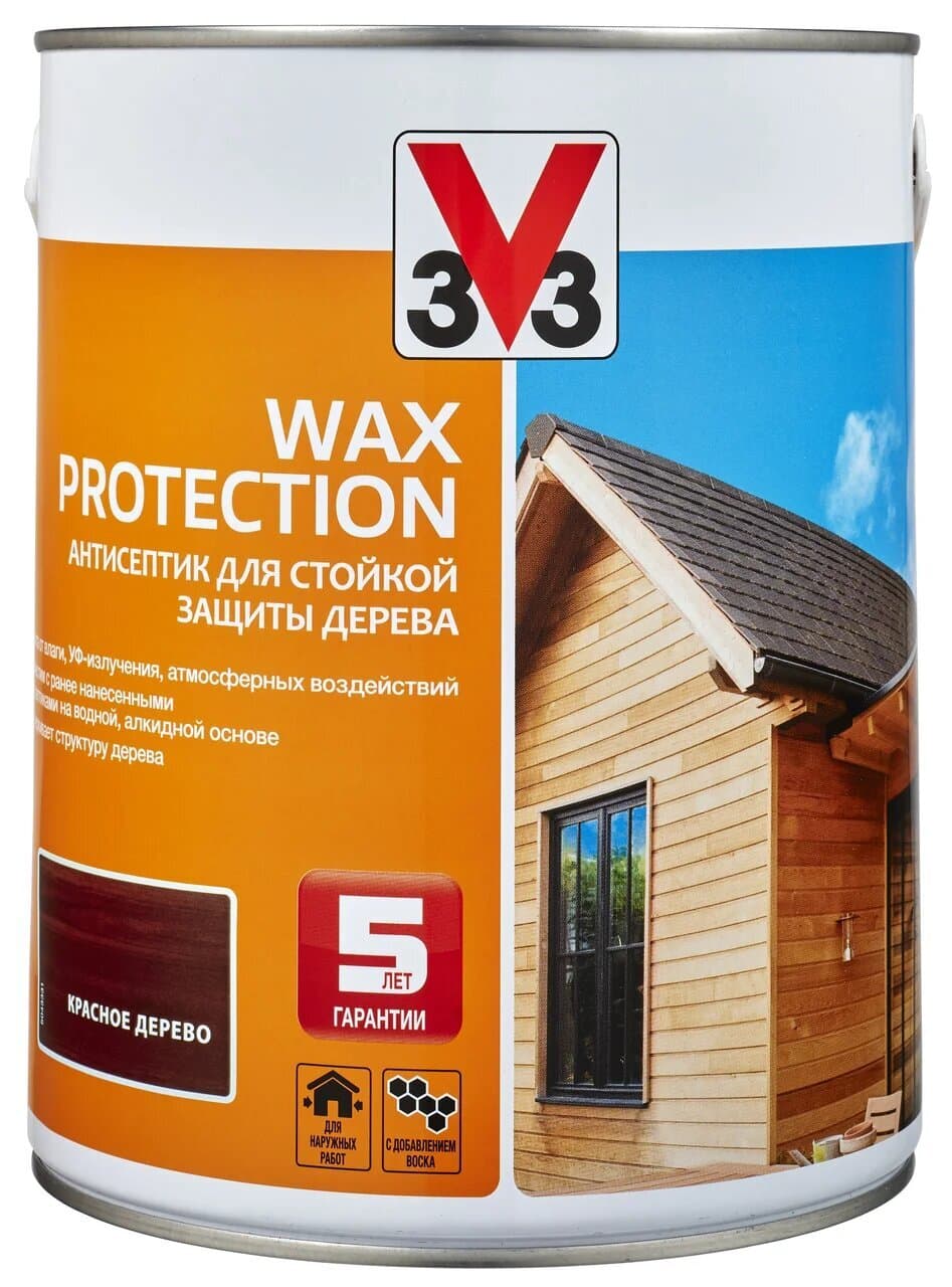 Антисептик для дерева V33 с добавлением воска WAX PROTECTION Красное дерево 0,9 л. 1
