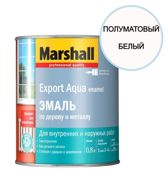 Эмаль для дерева и металла водная Marshall Export Aqua полуматовая белая 0,8 л.