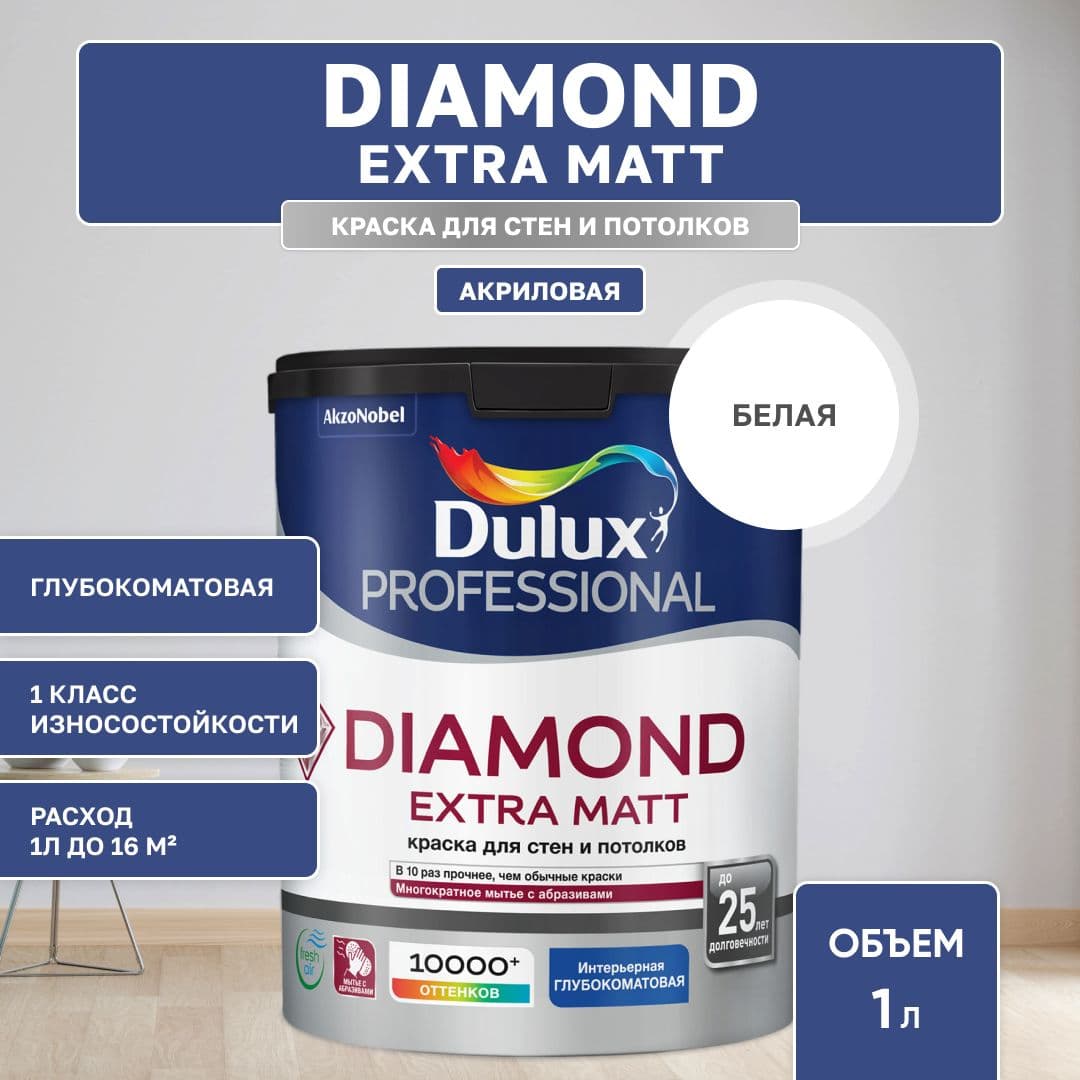 Краска для стен и потолков водно-дисперсионная Luxium Diamond Extra Matt глубокоматовая база BW 1 л