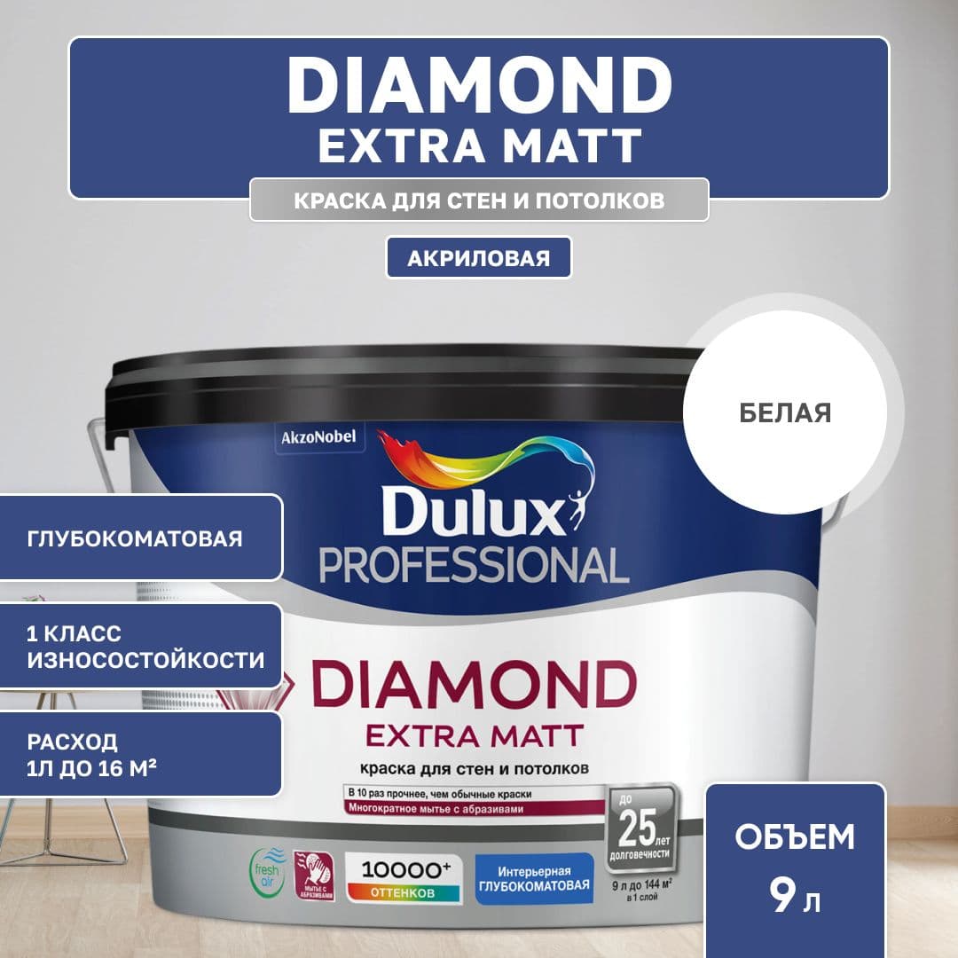 Краска для стен и потолков водно-дисперсионная Dulux Diamond Extra Matt глубокоматовая база BW 9 л.