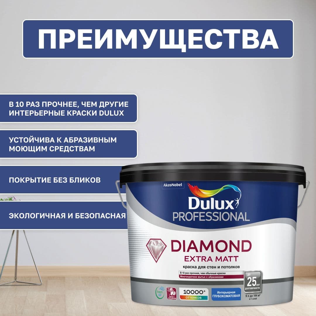 Краска для стен и потолков водно-дисперсионная Dulux Diamond Extra Matt глубокоматовая база BW 9 л. 2