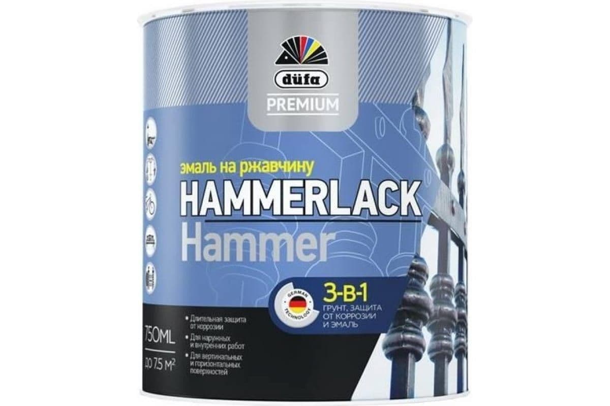 Эмаль на ржавчину Dufa Premium Hammerlack 3-в-1 молотковая темно-серая 0,75 л.