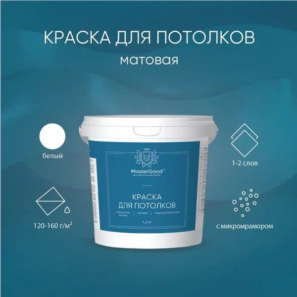 Мастер Гуд/ MasterGood Краска для потолков акриловая, белая 1,2 кг 2