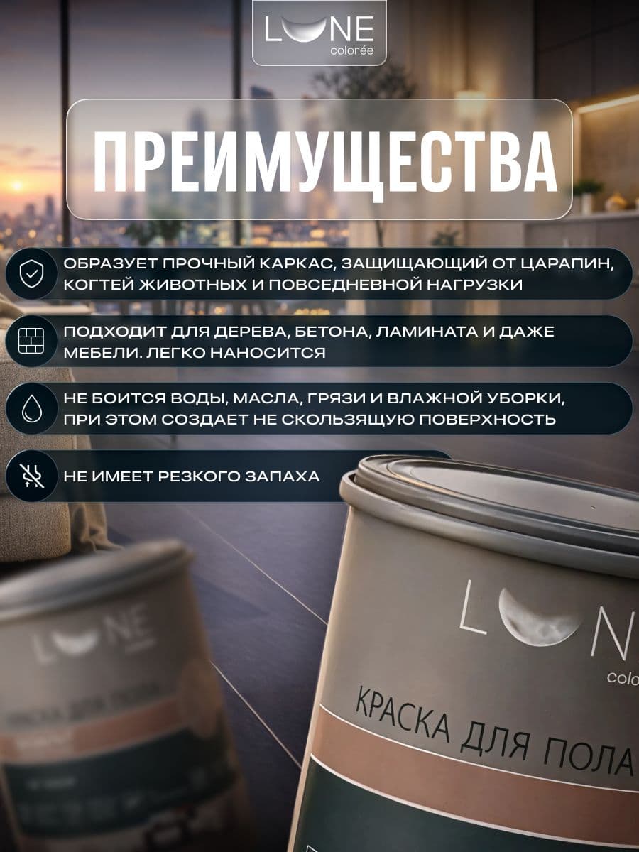 Краска для пола акриловая полуматовая быстросохнущая без запаха LUNE COLOREE, цвет Графит (темно-серая), 1 кг 2